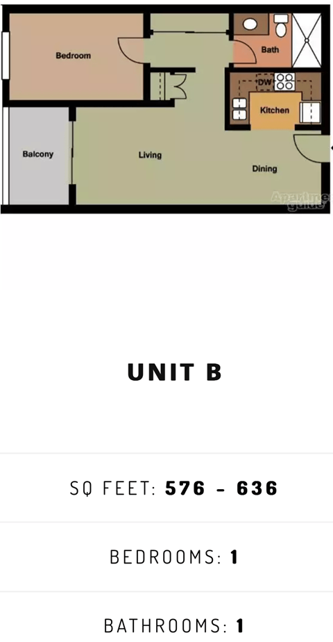 Floor plan for 1 bed, 1 bath, 576 sqft
